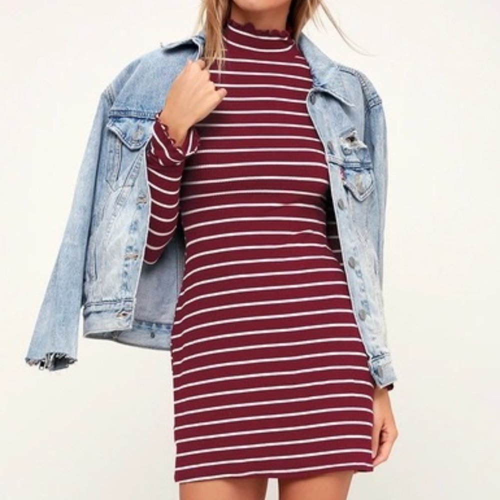 Burgundy and White Striped Long Sleeve Dress